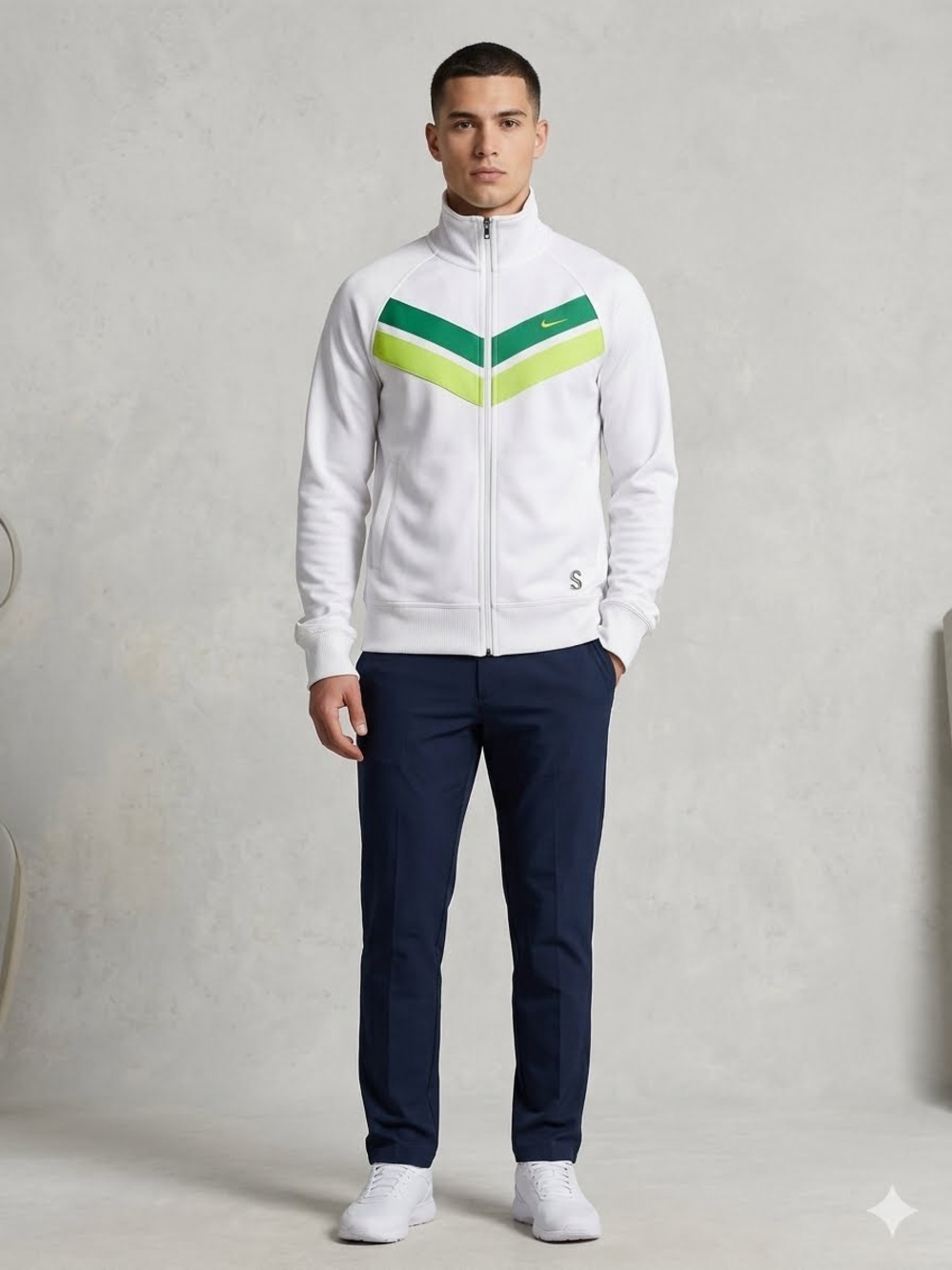 Discontinued Retro Nike White Full-Zip Men’s Jacket with Green Chevron